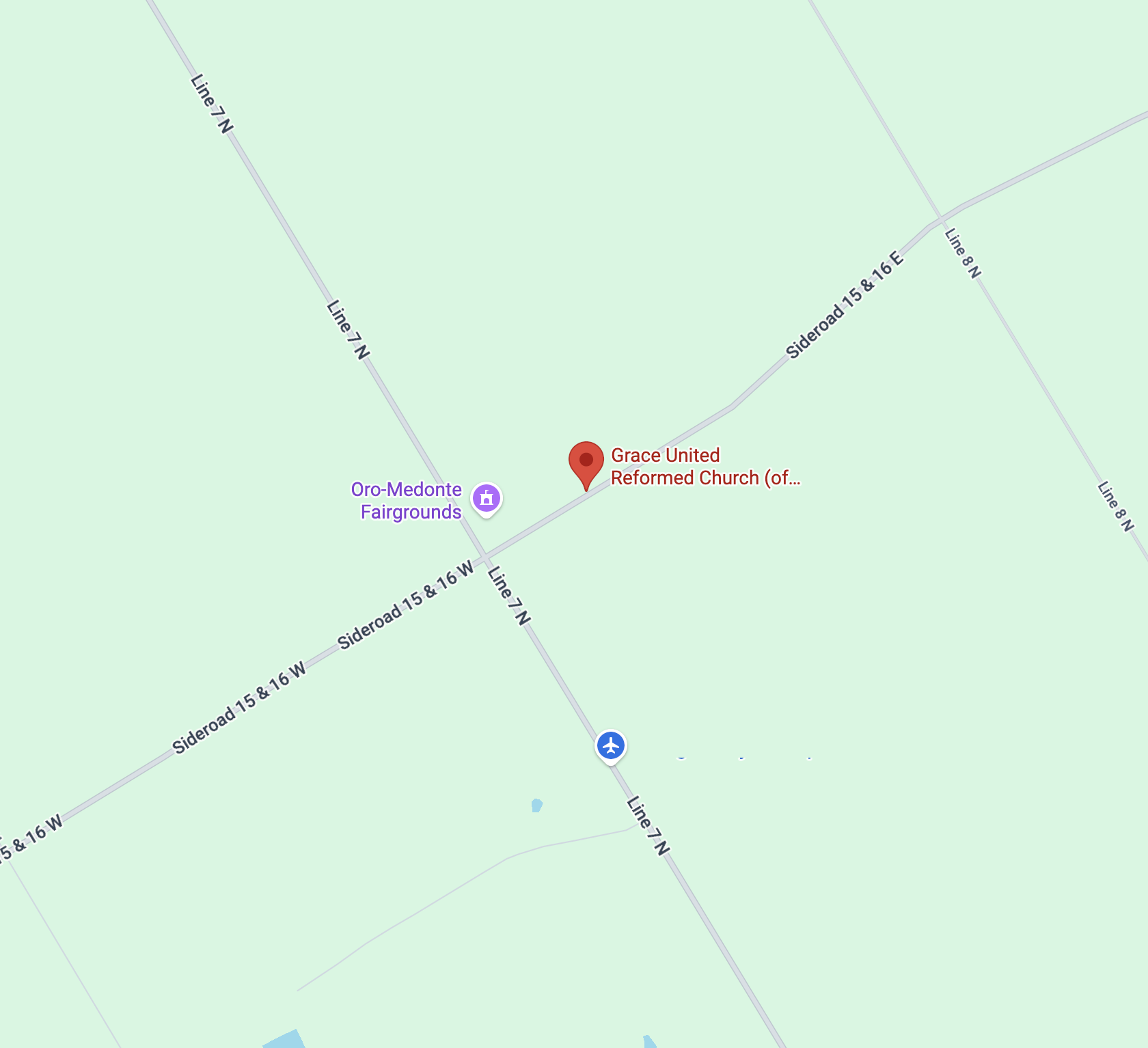 Map showing Grace United Reformed Church beside the Oro-Medonte Fairgrounds near Line 7 North